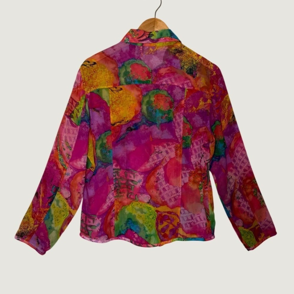 Chico's Women Medium 100% Silk Shirt Sheer Pink Multicolor Art To Wear Top - Picture 2 of 15